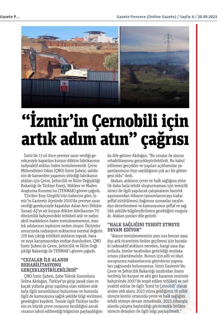 İZMİR'İN ÇERNOBİLİ İÇİN ARTIK ADIM ATIN ÇAĞRISI (GAZETE PENCERE, 20.09.2023)