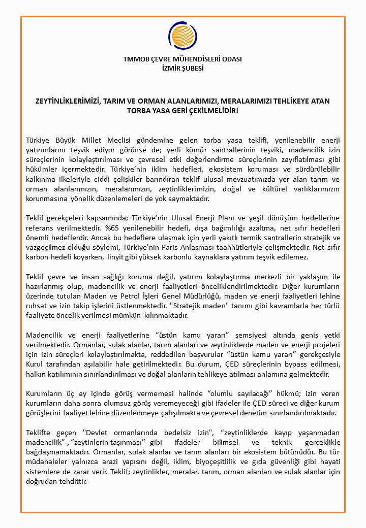 BASIN AÇIKLAMASI: ZEYTİNLİKLERİMİZİ, TARIM VE ORMAN ALANLARIMIZI, MERALARIMIZI TEHLİKEYE ATAN TORBA YASA GERİ ÇEKİLMELİDİR!