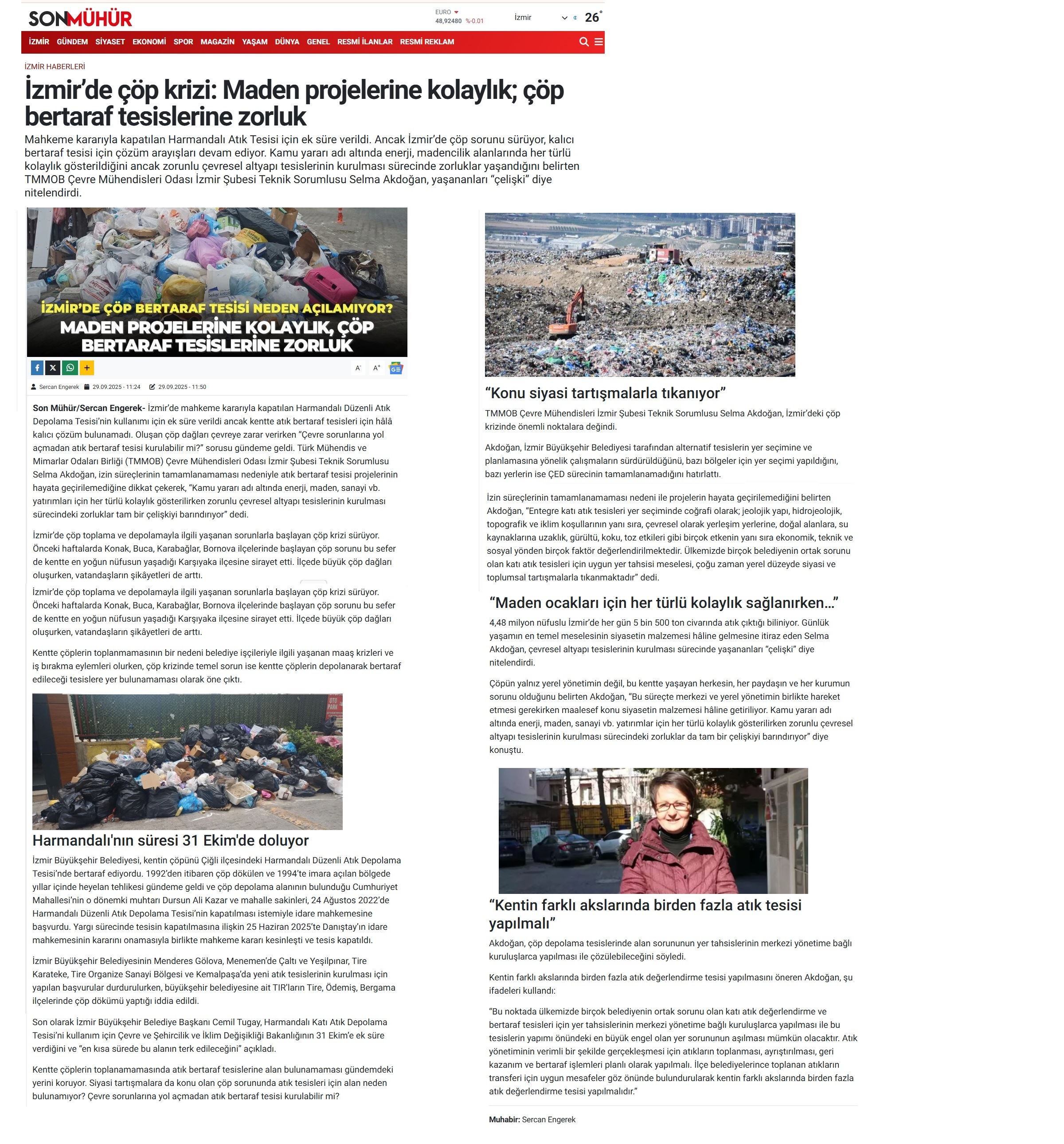 BASINDA ŞUBEMİZ  İzmir’de çöp krizi: Maden projelerine kolaylık; çöp bertaraf tesislerine zorluk  (Egede Son Söz, 29.09.2025)