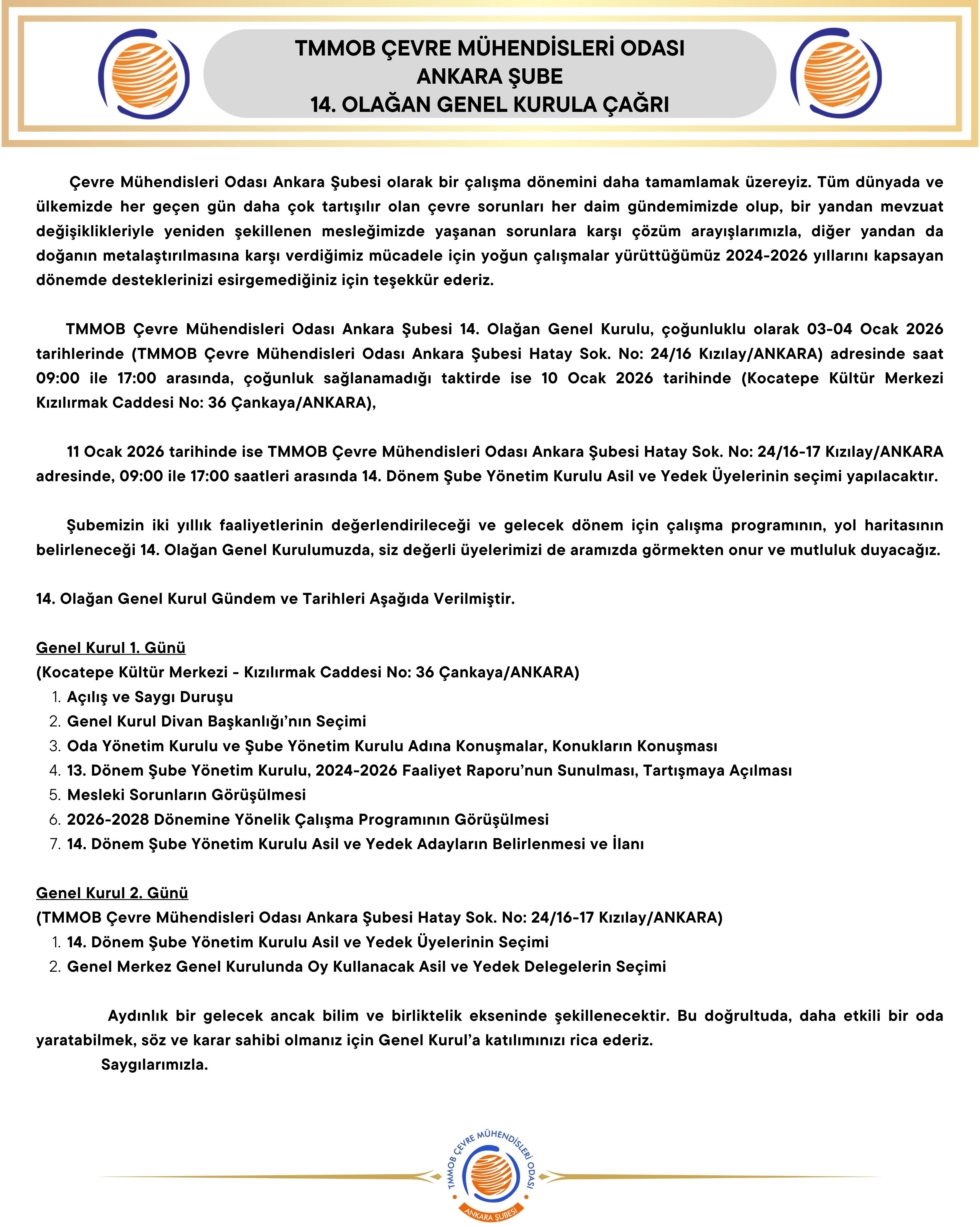 TMMOB ÇEVRE MÜHENDİSLERİ ODASI ANKARA ŞUBESİ 14. OLAĞAN GENEL KURULUNA ÇAĞRI