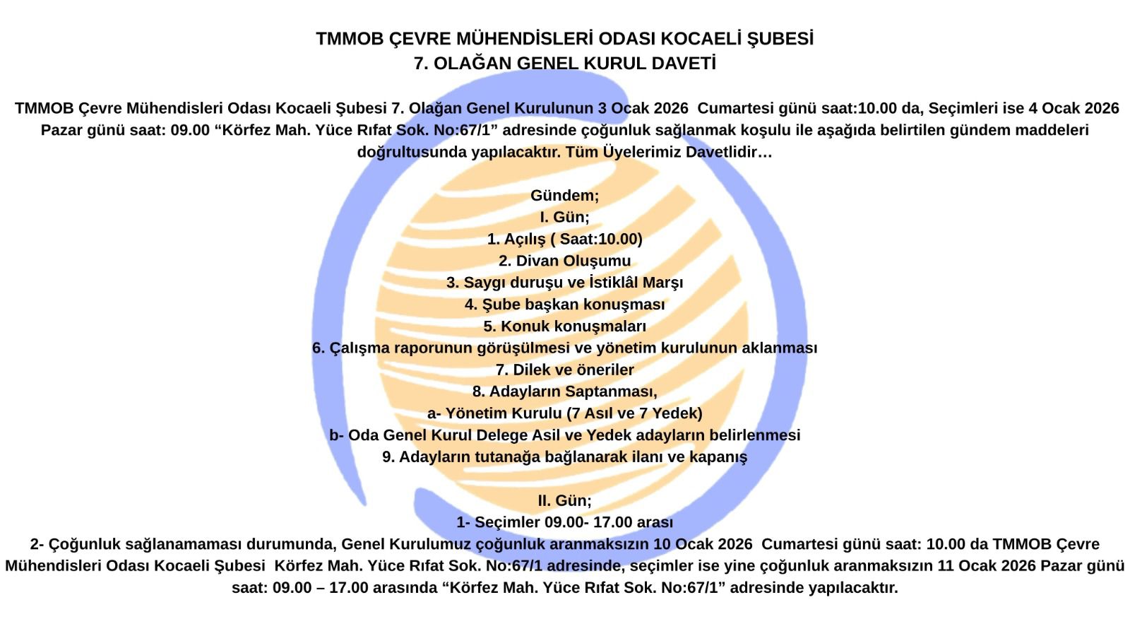 TMMOB ÇEVRE MÜHENDİSLERİ ODASI KOCAELİ ŞUBESİ 7. OLAĞAN GENEL KURUL DAVETİ