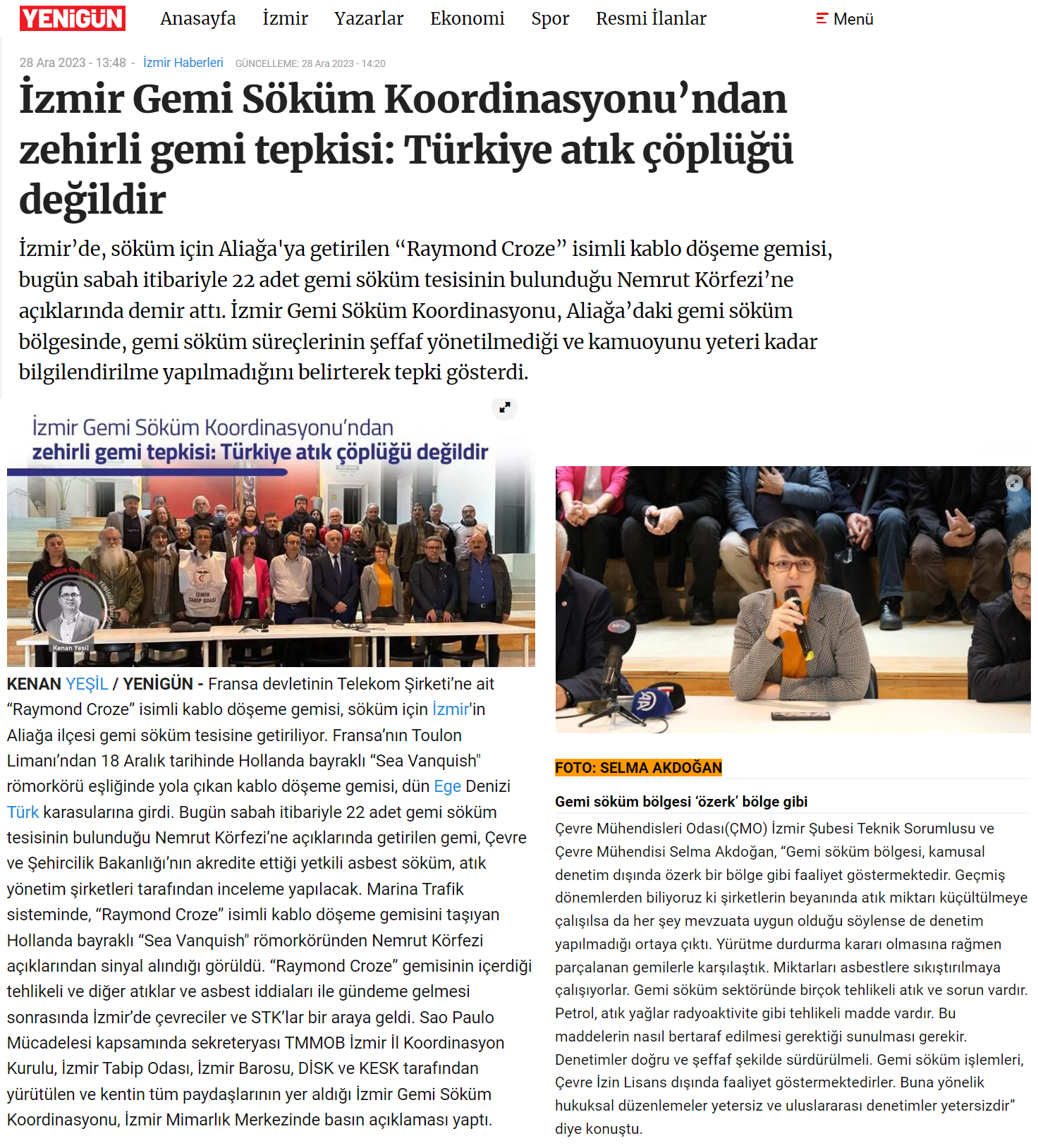 İZMİR GEMİ SÖKÜM KOORDİNASYONU’NDAN ZEHİRLİ GEMİ TEPKİSİ: TÜRKİYE ATIK ÇÖPLÜĞÜ DEĞİLDİR (Yenigün – 28.12.2023)