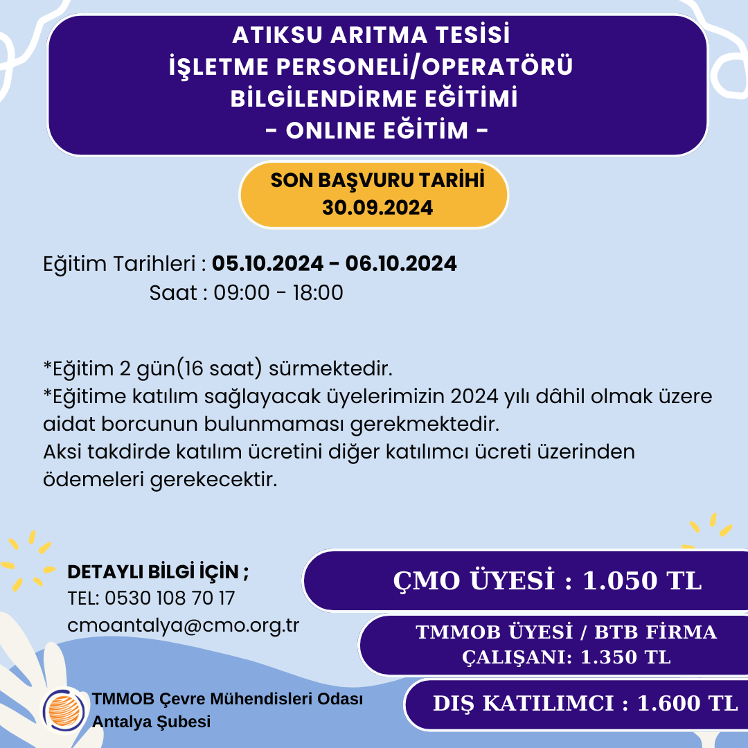 ATIKSU ARITMA TESİSİ İŞLETME PERSONELİ BİLGİLENDİRME EĞİTİMİ (ONLİNE )