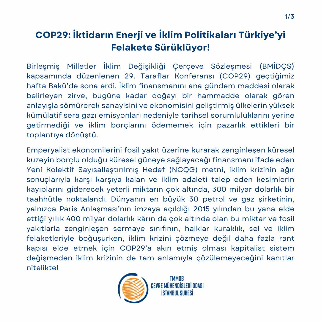 COP29: İktidarın Enerji ve İklim Politikaları Türkiye’yi Felakete Sürüklüyor!