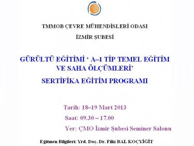 GÜRÜLTÜ EĞİTİMİ ‘ A-1 TİP TEMEL EĞİTİM VE SAHA ÖLÇÜMLERİ
SERTİFİKA EĞİTİM PROGRAMI
18  19 MART 2013
