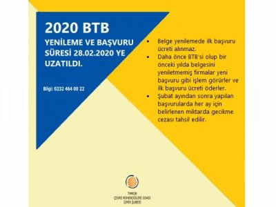 2020 BTB YENİLEME VE BAŞVURU SÜRESİ 28.02.2020YE UZATILDI.