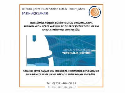 MESLEĞİMİZE YÖNELİK EĞİTİM ve SINAV DAYATMALARINI, 
DİPLOMAMIZIN ÜCRET KARŞILIĞI BELGELERE EŞDEĞER TUTULMASINI
KABUL ETMİYORUZ! ETMEYECEĞİZ! 
SAĞLIKLI ÇEVRE,YAŞAM İÇİN EMEĞİMİZE, EĞİTİMİMİZE, DİPLOMAMIZA 
MESLEĞİMİZE SAHİP ÇIKMA MÜCADELEMİZE DEVAM EDE