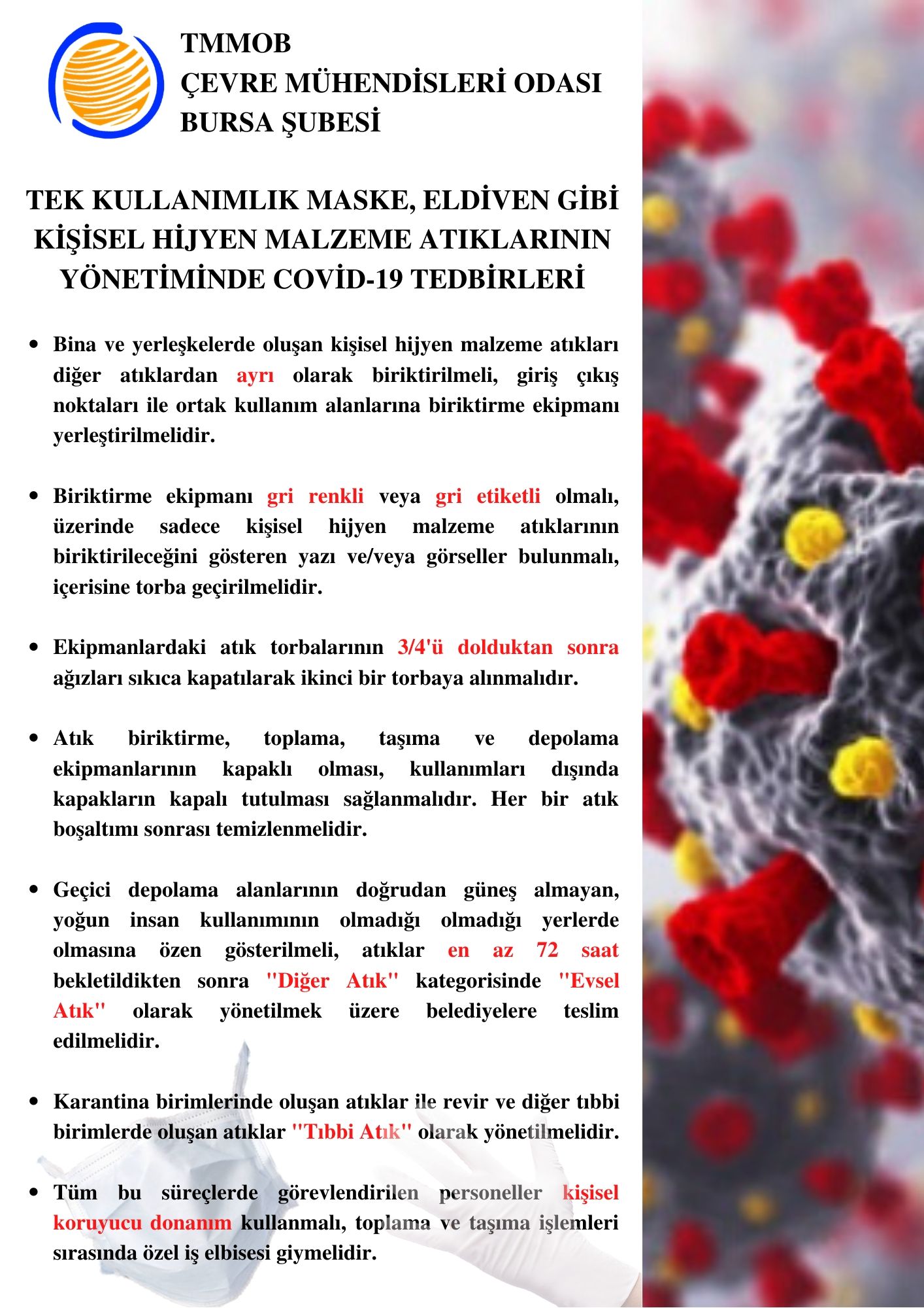 TEK KULLANIMLIK MASKE, ELDİVEN GİBİ KİŞİSEL HİJYEN MALZEME ATIKLARININ YÖNETİMİNDE COVİD-19 TEDBİRLERİ DUYURUSU